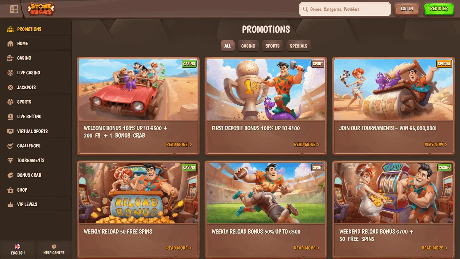 Stonevegas Casino desktop promotions area