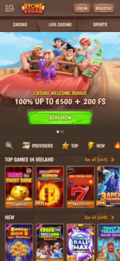 Stonevegas Casino mobile homepage
