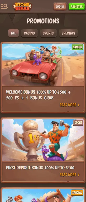 Stonevegas Casino mobile promotions area